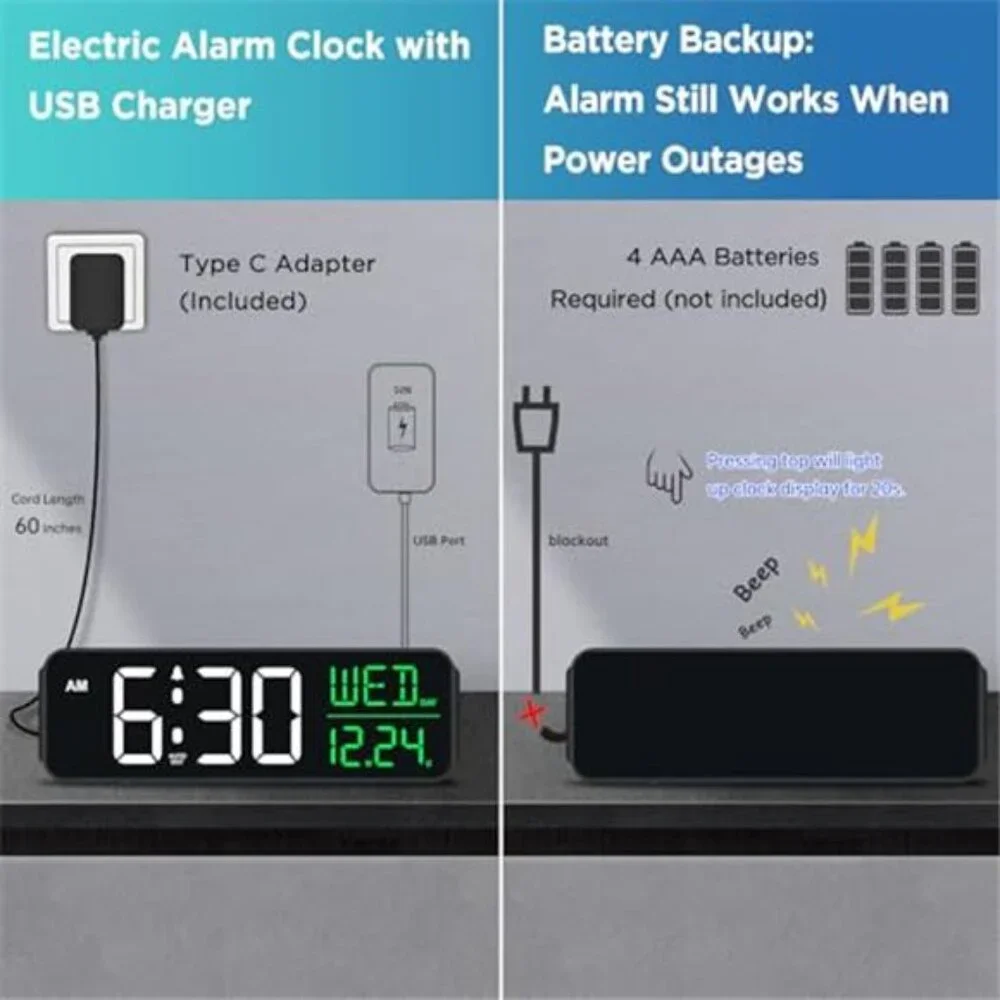 Digital Alarm Clock Large Display Bedroom Desk Table Calendar Dimmable USB